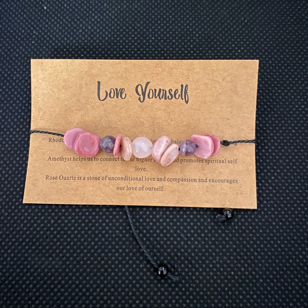 “Love yourself” dainty multi color pink and purple pull string bracelet.